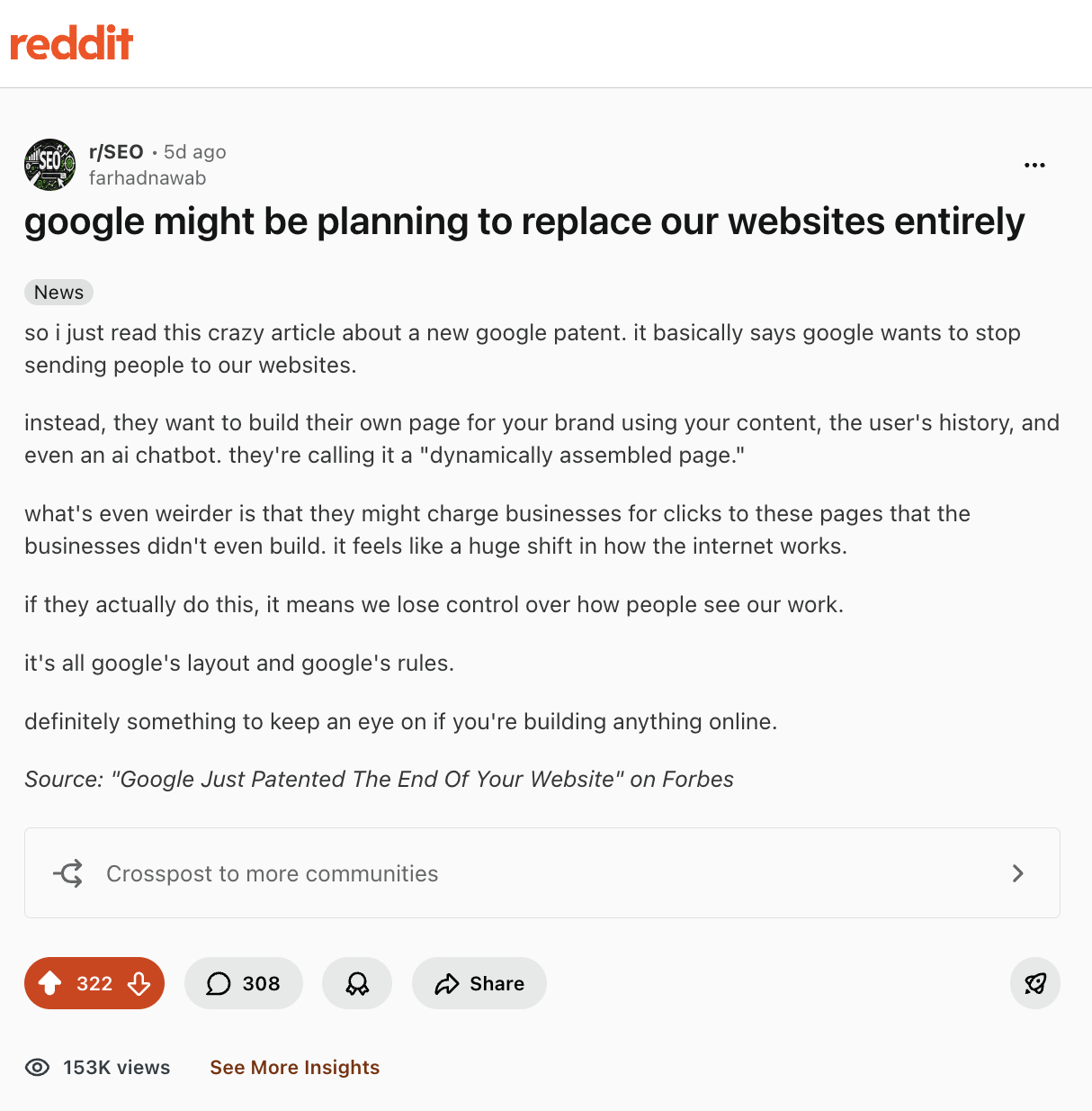 Reddit SEO post showing 153,000 views, 322 upvotes, and 308 comments